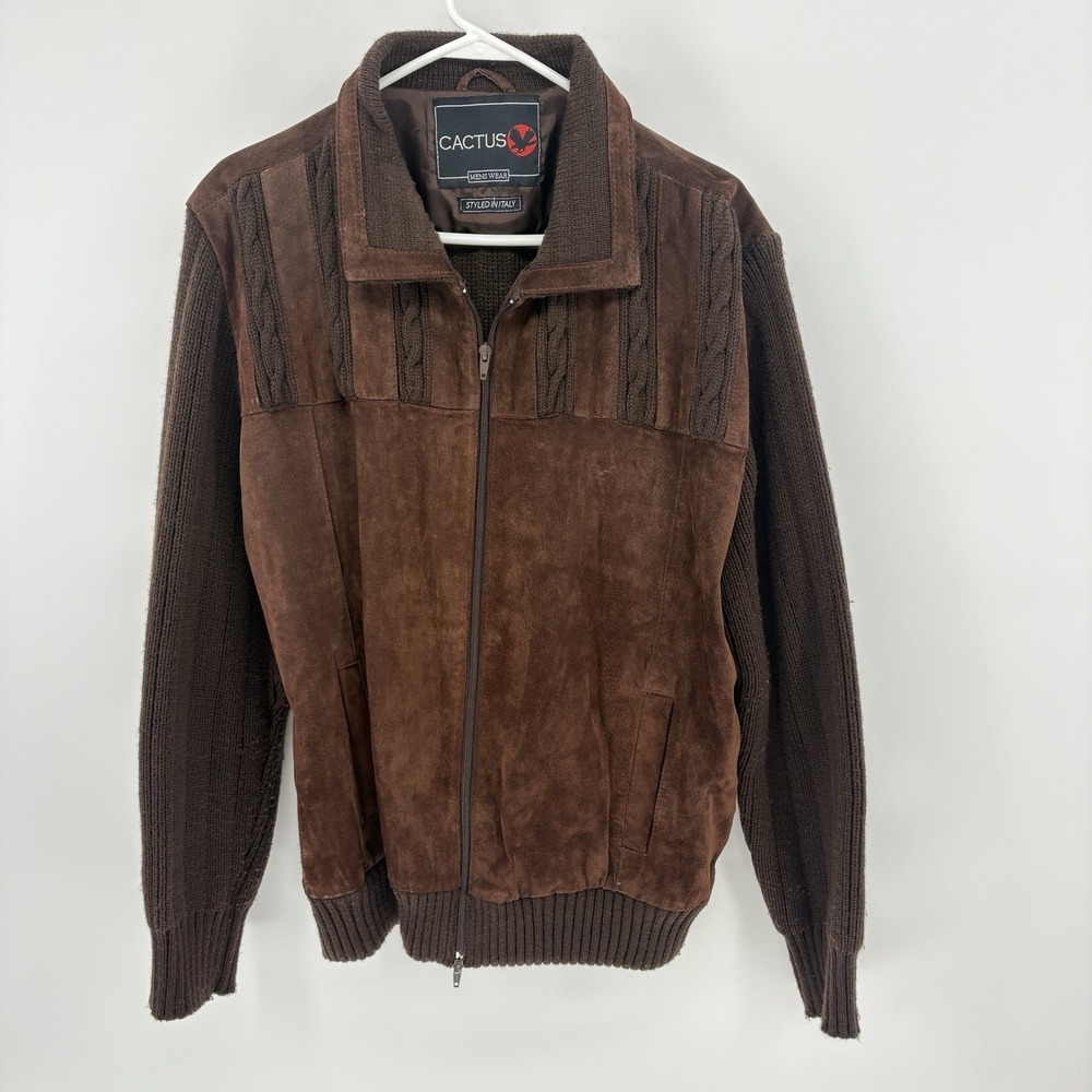 80s Cactus Mens XL Suede Leather Cable Knit Jacket Brown Full Zip Italy Style